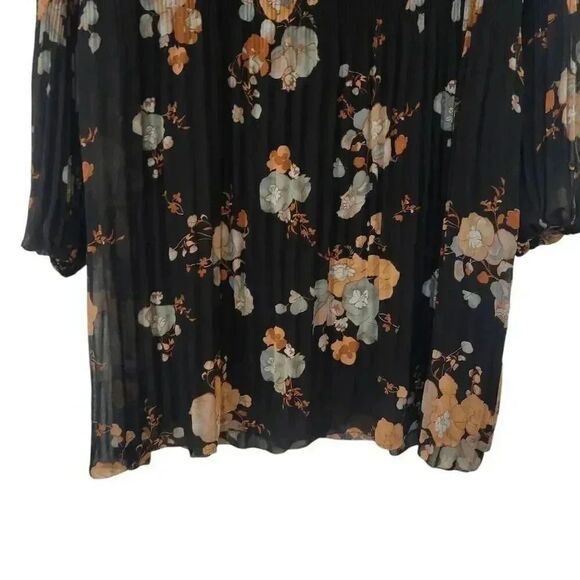 Black Tape Women's Pleated Black Poly Chiffon V-Neck Long Sleeve Relaxed Fit Lin - Picture 12 of 13